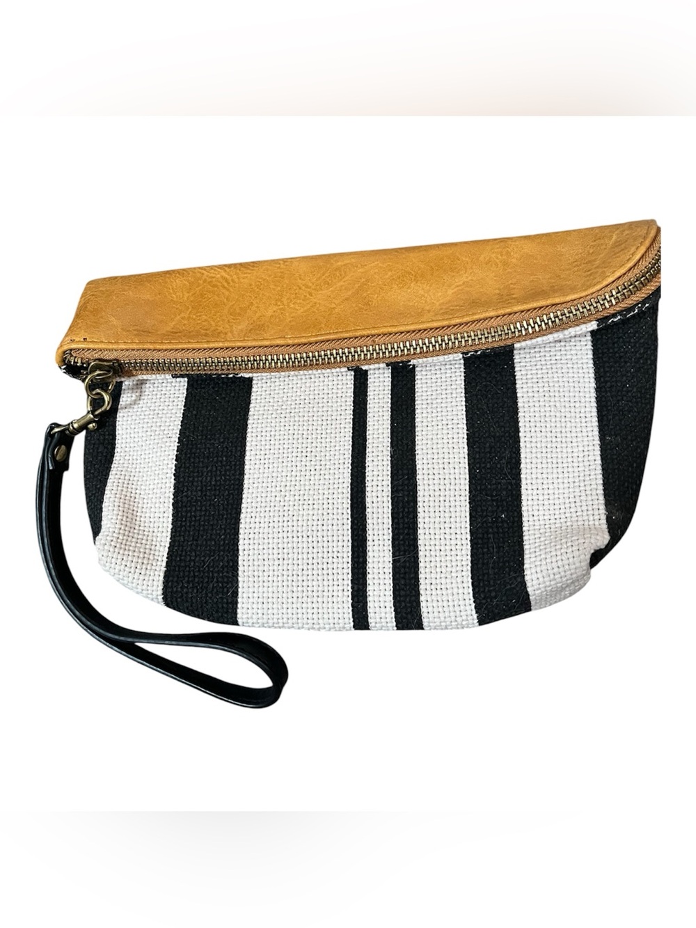 Dolce Vita Striped Canvas & Tan Wristlet Clutch - Black, White & Tan
